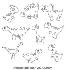 Vector set with nine isolated cartoon dinosaurs. Cute little children’s characters. Nice illustration for kid’s creativity, colouring page, print, card, sticker
