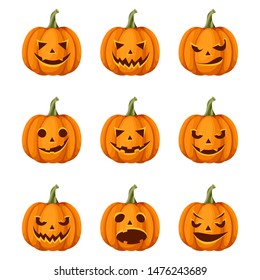 Vector set of nine jack-o'-lanterns (Halloween pumpkins) isolated on a white background.