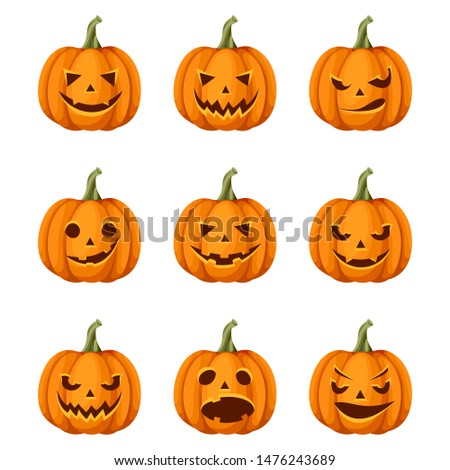 Vector set of nine jack-o'-lanterns (Halloween pumpkins) isolated on a white background.