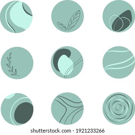 Vector set of nine line art icons. Round logos in mint green color. Abstract and botanical circle design element for social net, stickers, logos, invitations, decoration.