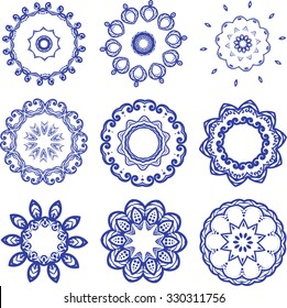 vector set of nine monochrome art snowflakes round shape on white background