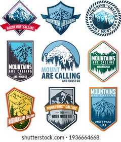 Vector set of nine mountain travel emblems. Camping climbing outdoor adventure emblems, badges and logo. Mountain tourism, hiking, mountaineering labels.