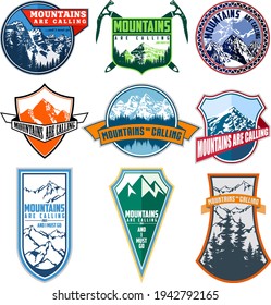 Vector set of nine mountain travel emblems. Camping climbing outdoor adventure emblems, badges and logo. Mountain tourism, hiking, mountaineering labels.