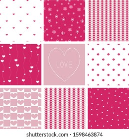 Vector Set of nine patterns with hearts. St. Valentine's Day. Vector illustration.