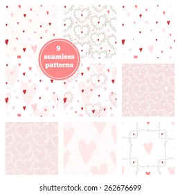 Vector set of nine pink seamless patterns - hearts, wreaths, branch frames, swirls. Ideal elements for scrapbooking sets, wrapping paper, invitations, greeting cards,etc