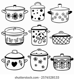 Vector set of nine pots of different shapes with different doodle-style designs: tall pot, wide pot, small pot, pot with mushrooms, flowers, checkered, polka dot, heart