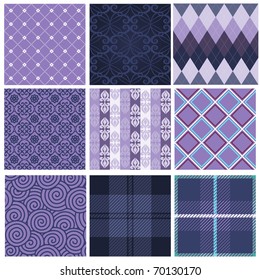 Vector set of nine purple seamless pattern