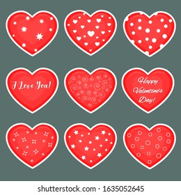 Vector set of nine red hearts stickers in white stroke with text about love and patterns isolated on a dark background. Valentine s day or wedding for your design. Flat style.