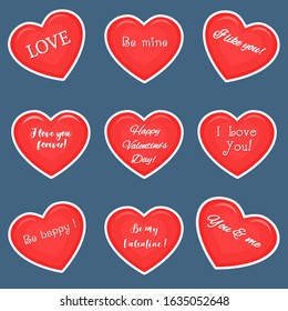 Vector set of nine red hearts stickers in white stroke with text about love, isolated on dark background. Valentine s day or wedding for your design. Flat style.