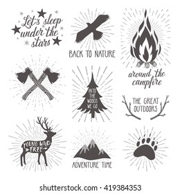 Vector set of nine retro camping labels.
