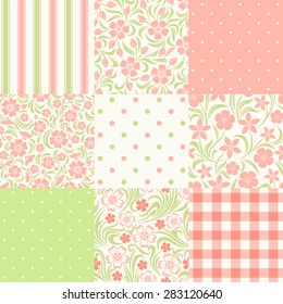 Vector set of nine seamless floral and geometric patterns in pink, green and white colors.