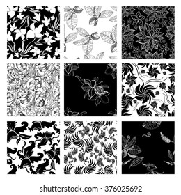 Vector set of nine seamless floral patterns with flowers and leafs
