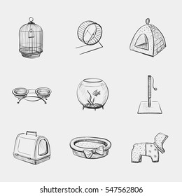  Vector set of nine sketch pet store products on white background