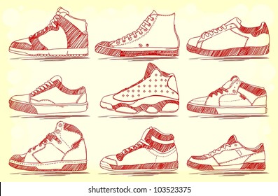 Vector set of nine sketched shoes