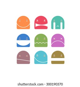Vector set of nine smile faces. Modern and stylish icons. Geometric and colorful.