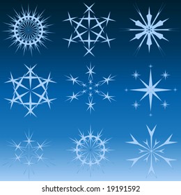 vector set of nine snowflakes and stars