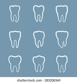 Vector Set Of Nine Teeth Outline Strokes, Each Tooth Has Different Size And Shape