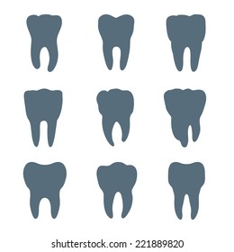 Vector Set Of Nine Teeth Silhouettes, Each Tooth Has Different Shape And Size