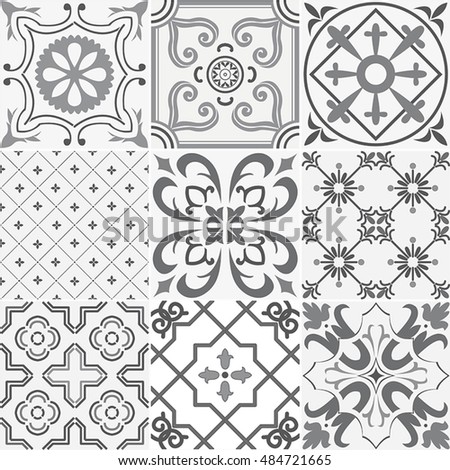 Vector set of  nine tiles background in grey. For backgrounds, decoration for your design, ceramic, page fill and more.