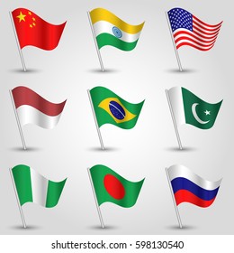 vector set of nine waving flags of countries with biggest population on silver pole - icon of china, india, united states of america, indonesia, brazil, pakistan, nigeria, bangladesh and russia