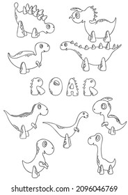 Vector set with nine white and black dinosaurs and lettering “roar”. Nice set for children creativity, colouring page.