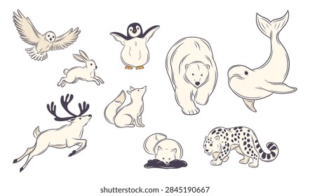 A vector set of nine winter animals in a hand drawn outline style. Suitable for children's books, winter blogs, magazines, posters, social media, websites, editorial layouts, and educational graphics