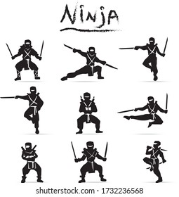 Vector set ninja cartoon doodle flat silhouettes