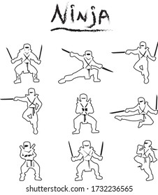 Vector set ninja outline cartoon doodle flat silhouettes