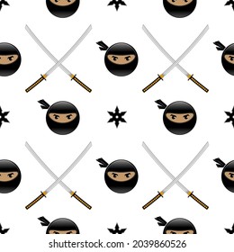 Vector Set of Ninja Star. Asian Traditional Katana Weapon. Shuriken Logo. Japan Ancient Sword. Seamless Pattern.