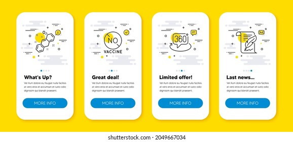 Vector set of No vaccine, 360 degree and Chemical formula line icons set. UI phone app screens with line icons. Feather icon. Covid-19 treatment, Virtual reality, Chemistry. Copyright page. Vector