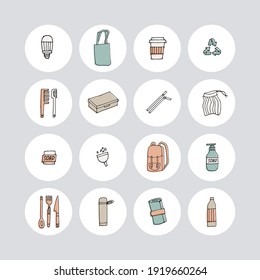 Vector set no waste products icons for social media stories or avatar template. Eco friendly tools, collection of ecology badges