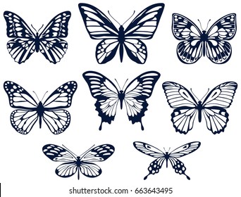 Vector set of non-continuous silhouettes of butterflies in a flat style on a white background.
