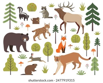 Vector set of North American forest animals, trees, bushes, mushrooms isolated on white background.  Vector clipart of American black bear, elk, puma, bobcat, fox, raccoon, skunk, hare and beaver.