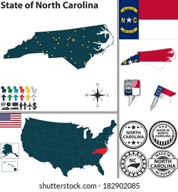 Vector set of North Carolina state with flag and icons on white background