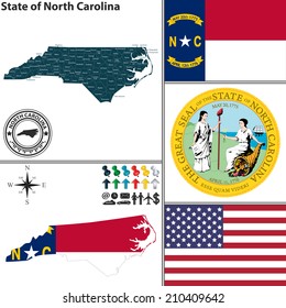 Vector set of North Carolina state with flag and icons on white background