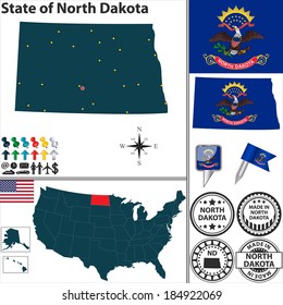 Vector set of North Dakota state with flag and icons on white background