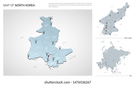 Vector set of North Korea country.  Isometric 3d map, North Korea map, Asia map - with region, state names and city names. 