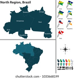 Vector set of North Region of Brazil with flags and map on white background