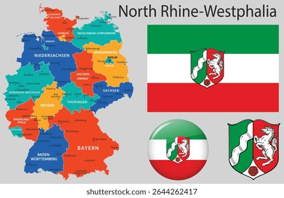 Vector set of North Rhine-Westphalia including the official flag, coat of arms, and updated map. Part of the complete German flag and emblem collection.