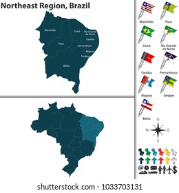 Conjunto vetorial da Região Nordeste do Brasil com bandeiras e mapa sobre fundo branco