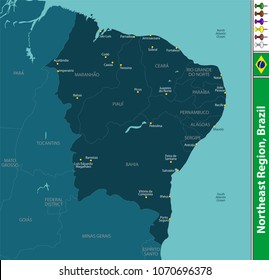 Vector set of Northeast Region of Brazil with map and neighboring states