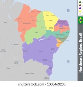 Vector set of Northeast Region of Brazil with map and neighboring states