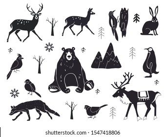 Vector set of northern animals silhouettes. Set of winter animals. Merry Christmas and New year. Design element poster, banner, invitation, congratulations, postcards.