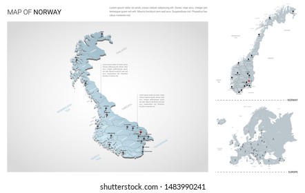 Vector set of Norway country.  Isometric 3d map, Norway map, Europe map - with region, state names and city names. 