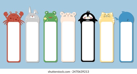 Vector conjunto de nota con animales divertidos ballena, rana, cangrejo, pingüino, gato, conejito. Plantilla para cuadernos, planificadores de horarios, listas de comprobación, hoja de bloc de notas en diseño plano