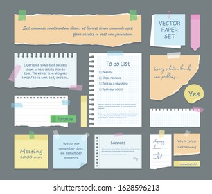 Vector set of note paper with text, stickers, notebook, copybook with sticky colorful tape. Ripped strips for text or message isolated on grey background. Vintage note sheet of paper. To do list