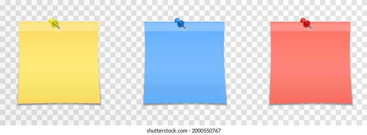 Vector Set Of Note Papers With Push Pin On Isolated Transparent Background. Realistic Note. Paper, Piece Of Paper, Notes, Push Pin, Png.