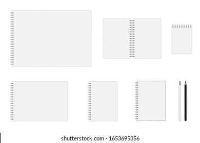 Vector set of notebook mockup (formats: A3, A4, A5, A6), hardcover notebook, pencils. EPS 10