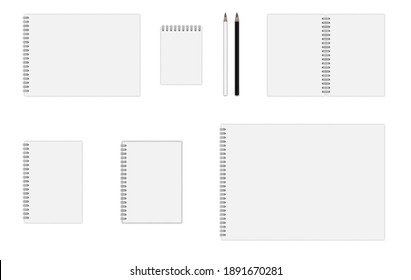 Conjunto vectorial de maquillaje de portátiles con espiral plateada (formatos: A3, A4, A5, A6), cuaderno de tapa dura, lápices. EPS 10