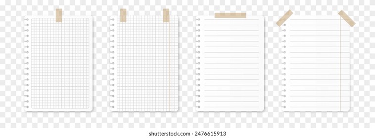 Vector set of notebook pages with adhesive sticker png. School sheets of paper png. School notes, cheat sheets with adhesive sticker.